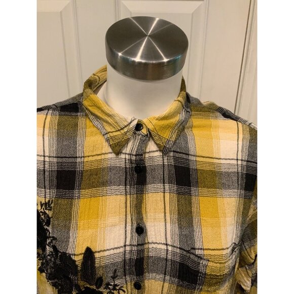 Maeve Anthropologie Yellow & Black Plaid Oversized Button-Up Tunic Shirt Sz XS/S - Picture 2 of 7